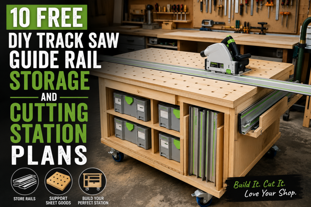 10 Free DIY Track Saw Guide Rail Storage and Cutting Station Plans ...